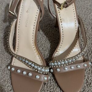 Adrienne Vittadini Tan Pearl & Crystal Embellished Heeled Sandals